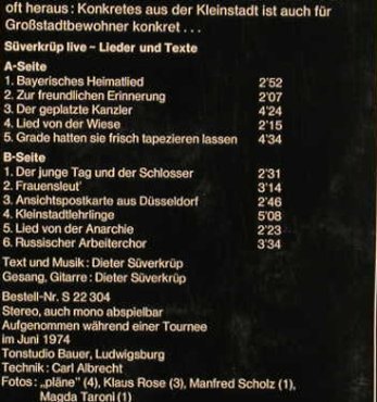 Süverkrüp,Dieter: Lieder und Texte, Foc, Booklet, Pläne(S 22 304), D, m /vg+, 1974 - LP - H3322 - 7,50 Euro