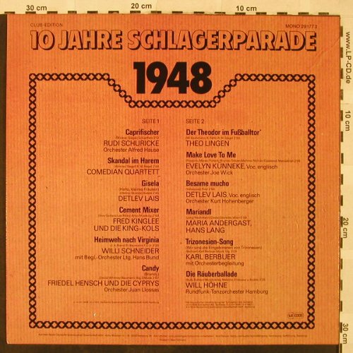 V.A.Schlagerparade-10Jahre-1941-50: 1948-Rudi Schuricke...Will Höhne, Polydor,Club Ed.(29 177 3), D, Mono,  - LP - H4948 - 4,00 Euro