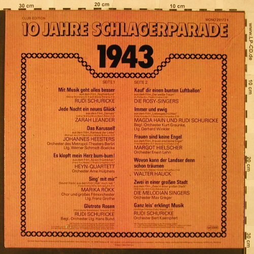 V.A.Schlagerparade-10Jahre-1941-50: 1943-Rudi Schuricke...R.Schuricke, Polydor,Club Ed.(29 172 4), D, Mono,  - LP - H4952 - 4,00 Euro