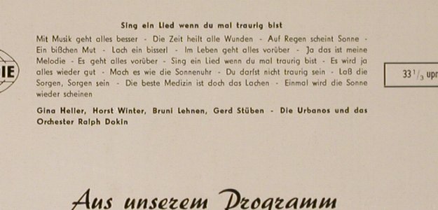 V.A.Sing ein Lied wenn du mal traur: Gina Heller, Horst Winter,Bruni Leh, Weltmelodie(W 12001), D,vg+/m-,  - 10inch - H9240 - 4,00 Euro