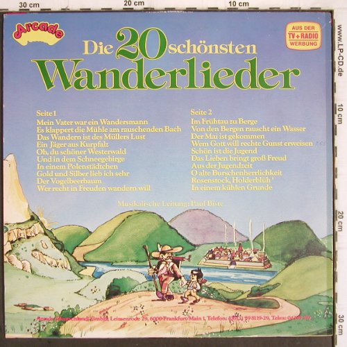 V.A.Die 20 schönsten Wanderlieder:&nbsp;Im Frühtau..,Ein Jäger aus..Westerw, Arcade (ADE G 39), D, 1978 Typ:&nbsp;LP Best.-Nr.:&nbsp;V310 Preis:&nbsp; 4,00 Euro