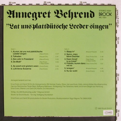 Behrend,Annegret: Lat uns plattdütsche Leeder singen, Brook (6001), D, 1980 Typ: LP Best.-Nr.: V3129 Preis: 9,00 Euro