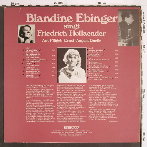 Ebinger,Blandine:&nbsp;singt Friedrich Hollaender, m-/vg+, EMI/Columbia (C 062-29 620), D,woc,stoc, 1976 Typ:&nbsp;LP Best.-Nr.:&nbsp;V5 Preis:&nbsp; 7,50 Euro