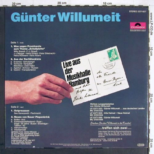 Willumeit,Günter:&nbsp;Live aus der Musikhalle Hamburg, Polydor (2371 827), D, 1977 Typ:&nbsp;LP Best.-Nr.:&nbsp;V613 Preis:&nbsp; 6,00 Euro