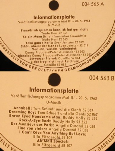 V.A.Informationsplatte Mai 63/3: Veröffentlichungsprogr. U-Musik, Polydor, VG-(004 563), D,NoCover, 1963 - LP - X5165 - 6,00 Euro
