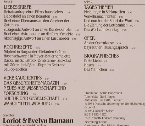 Loriot & Evelym Hamann: Liebesbriefe Kochrezepte und..., D.Gr.(413 993-1), D, 1984 - LP - X5449 - 5,00 Euro