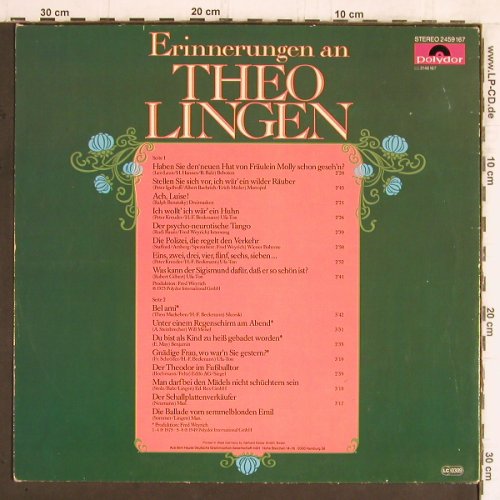 Lingen,Theo:&nbsp;Erinnerungen an, Polydor (2459 167), D Typ:&nbsp;LP Best.-Nr.:&nbsp;Y5605 Preis:&nbsp; 6,00 Euro