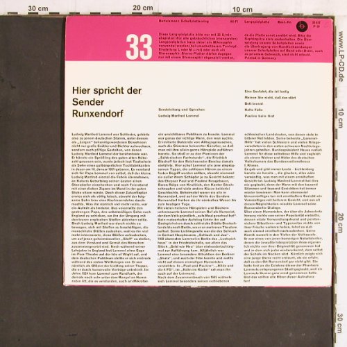 Lommel,Ludwig Manfred:&nbsp;Hier spricht der Sender Runxendorf, Bertelsmann (33 037), D, Mono Typ:&nbsp;10" Best.-Nr.:&nbsp;Y5854 Preis:&nbsp; 6,00 Euro