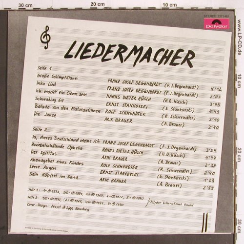 V.A.Liedermacher:&nbsp;Degenhardt,Hüsch... Arik Bauer, Polydor (2371 461), D Typ:&nbsp;LP Best.-Nr.:&nbsp;Y9589 Preis:&nbsp; 6,00 Euro