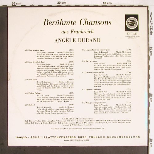 Durand,Angele:&nbsp;Berühmte Chansons aus Frankreich, Tempo (LP 7020), D, m-/vg+ Typ:&nbsp;LP Best.-Nr.:&nbsp;Y9650 Preis:&nbsp; 10,00 Euro