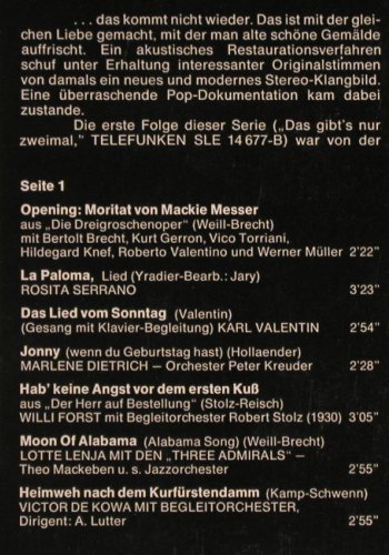 V.A.Das gibt's nur Zweimal:&nbsp;Dokumentation, Brecht... Albers, Telefunken (SLE 14 772-P), D, 14Tr., 1972 Typ:&nbsp;LP Best.-Nr.:&nbsp;Y9979 Preis:&nbsp; 7,50 Euro