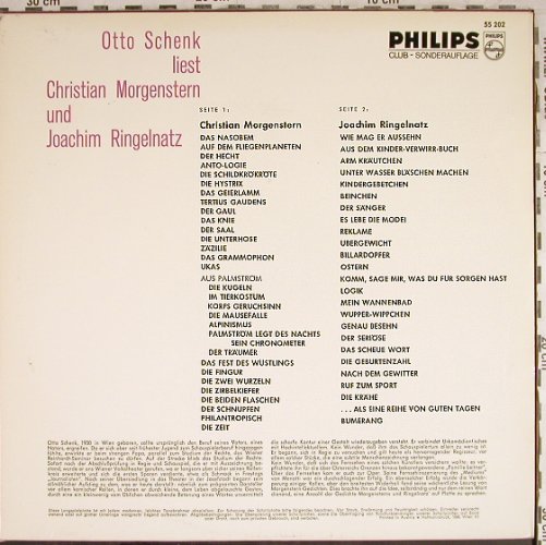 Schenk,Otto: liest Chr.Morgenstern,Ringelnatz, Philips, VG+/vg+(55 202), A,Club Ed.,  - LP - H8639 - 5,00 Euro