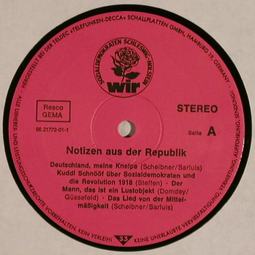 V.A.Notizen aus der Republik: Live-Ausschnitte einer öffentlichen, WIR (66.21772-01), D, 1978 Typ: LP Best.-Nr.: V1942 Preis: 12,50 Euro