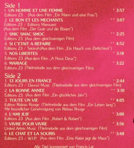 Lai,Francis: spielt d.schönsten...Claude Lelouch, WB (WB 56 799), D, 1980 Typ: LP Best.-Nr.: V2148 Preis: 6,00 Euro