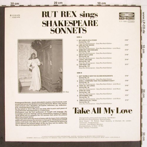 Rex,Rut:&nbsp;Take all my Love-ShakespeareSonnets, Koch+ 3 Autogr.Karten (E 121 747), A, 1985 Typ:&nbsp;LP Best.-Nr.:&nbsp;V220 Preis:&nbsp; 7,50 Euro