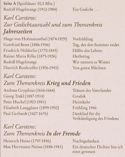 Carstens,Carl & Gerd Westphal: Gedichte als Wegbegleiter, MMM / VG Wort (3-89056-019-9), D, 1985 Typ: LP Best.-Nr.: V2277 Preis: 7,50 Euro
