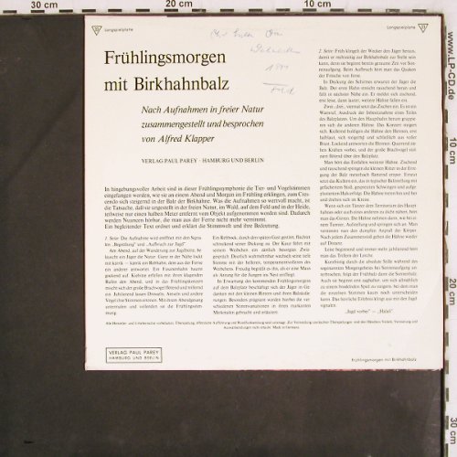Birkhahnbalz - Frühlingsmorgen mit: Nach Aufnahmen in der freien Natur, Verlag Paul Parey (PAR 1), D,woc,Mono Typ: 10" Best.-Nr.: V3816 Preis: 7,50 Euro