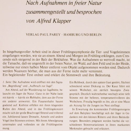 Birkhahnbalz - Frühlingsmorgen mit: Nach Aufnahmen in der freien Natur, Verlag Paul Parey (PAR 1), D,woc,Mono Typ: 10" Best.-Nr.: V3816 Preis: 7,50 Euro
