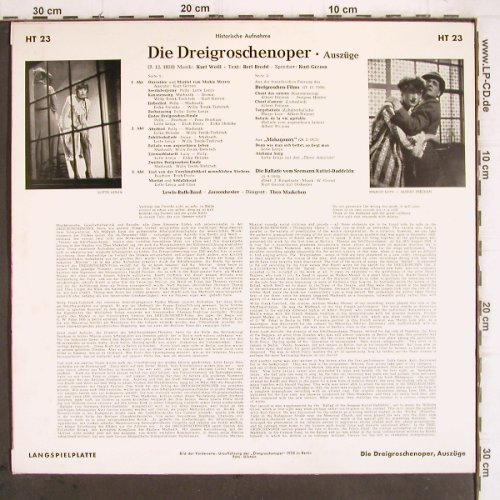 Weill,Kurt / Bertold Brecht:&nbsp;Dreigroschenoper HistAufn.1930,Ausz, Telefunken (HT 23), D, m-/vg+ Typ:&nbsp;LP Best.-Nr.:&nbsp;V629 Preis:&nbsp; 5,00 Euro