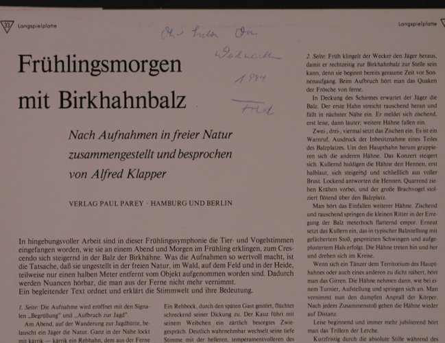 Birkhahnbalz - Frühlingsmorgen mit: Nach Aufnahmen in der freien Natur, Verlag Paul Parey(PAR 1), D, woc,  - 10inch - X6965 - 7,50 Euro