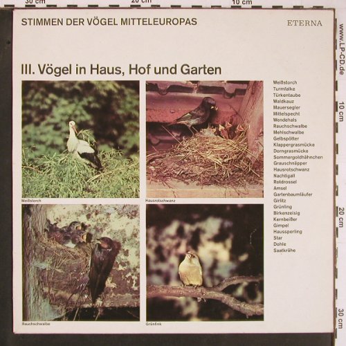 Stimmen der Vögel Mitteleuropas: 3. Vögel in Haus,Hof u. Garten, Eterna(8 21 112), DDR, 1978 - LP - Y644 - 5,00 Euro