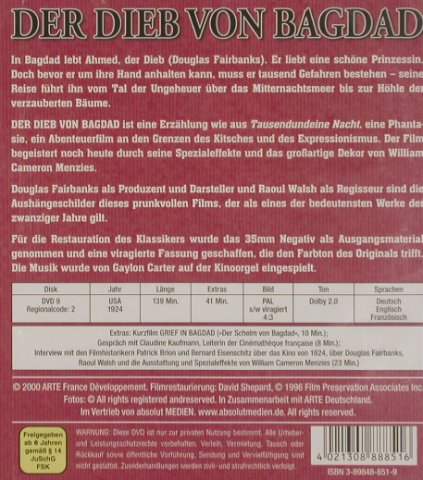 Der Dieb von Bagdad: Douglas Fairbanks,Raoul Walsh(1924), Arte Edition/StummfilmEd(851), FS-New, 2000 - DVD-V - 20015 - 10,00 Euro