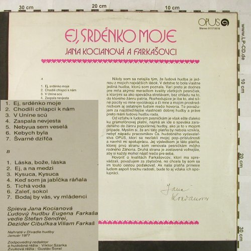 Kocianova,Jana  a Farkasovici: Ej,Srdenko Moje, vg+/vg+, Opus(9117 0516), CZ, 1977 - LP - H5311 - 7,50 Euro