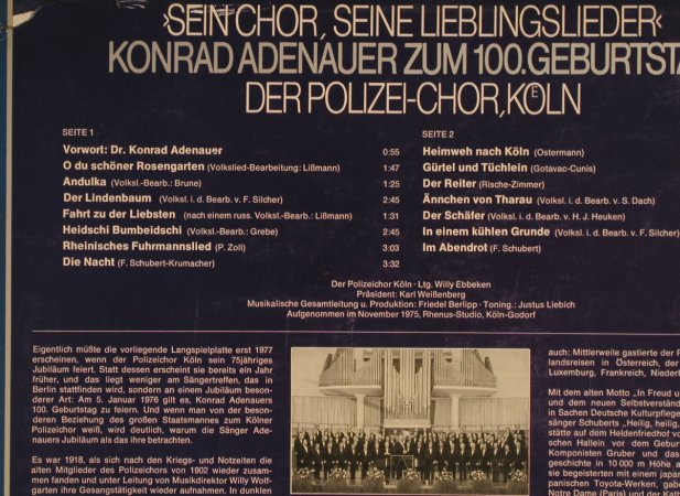 Polizei-Chor Köln: Sein Chor..Konrad Adenauer zum100., Telefunken(6.22448 AO), D, m-/vg-, 1975 - LP - H8514 - 7,50 Euro