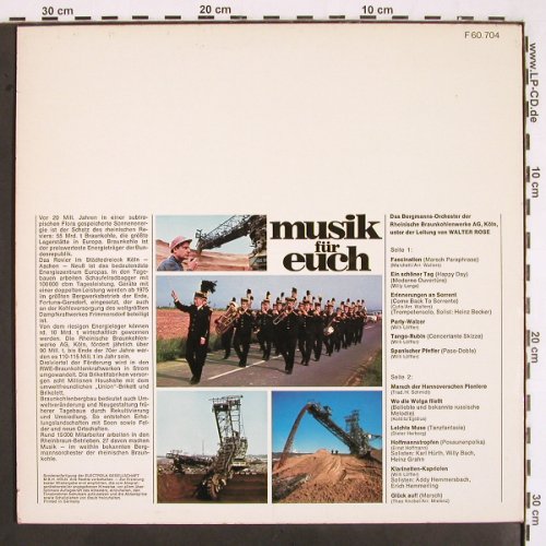 Bergmanns-Orchester Rheinische: Braunkohlenwerke AG -Musik für Euch, Ltg: Walther Rose (F 60.704), D Typ: LP Best.-Nr.: V2306 Preis: 9,00 Euro