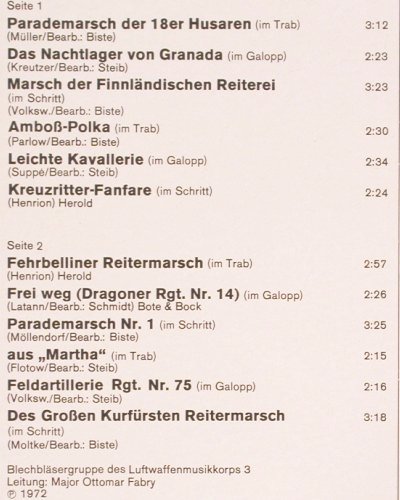 Luftwaffenmusikkorps 3: Reiter Märsche, Major Ottomar Fabry, Heimat Melodie (CL 29683 AF), D,rec.1972, 1979 Typ: LP Best.-Nr.: V3050 Preis: 7,50 Euro