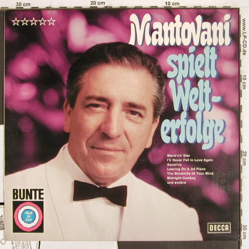 Mantovani:&nbsp;Spielt Welterfolge,Musterplatte, Decca,BUNTE Edition (SLK 16 659-P), D Typ:&nbsp;LP Best.-Nr.:&nbsp;V566 Preis:&nbsp; 5,00 Euro