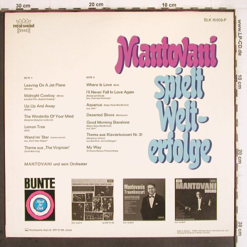 Mantovani:&nbsp;Spielt Welterfolge,Musterplatte, Decca,BUNTE Edition (SLK 16 659-P), D Typ:&nbsp;LP Best.-Nr.:&nbsp;V566 Preis:&nbsp; 5,00 Euro