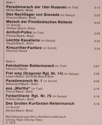 Luftwaffenmusikkorps 3: Reiter Märsche, Major Ottomar Fabry, Heimat Melodie(CL 29683 AF), D,rec.1992, 1979 - LP - X6021 - 7,50 Euro