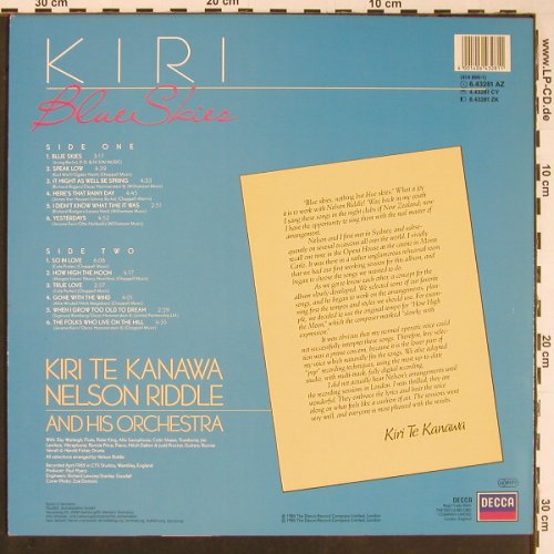 Te Kanawa Kiri, Nelson Riddle Orch.: Blue Skies, Decca(6.43281), D, 1985 - LP - Y267 - 6,00 Euro
