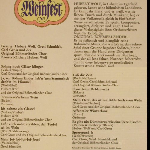 Wolf,Hubert & s.OrignalBÖhmerlÄnder: Weinfest, Polydor(249 333), D, 1969 - LP - Y6848 - 6,00 Euro