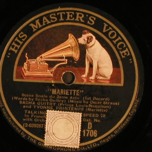 Strauss,Oscar: Mariette, in french, VG+, His Masters Voice(D 1706), UK,  - 30cm - N274 - 6,00 Euro