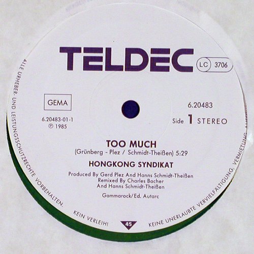 Hongkong Syndikat: Too Much*2 , green-yellow Vinyl, Teldec (6.20483 AE), D, 1985 Typ: 12" Best.-Nr.: V2680 Preis: 3,00 Euro