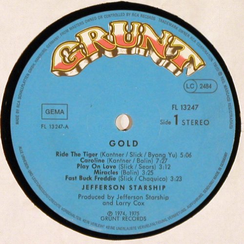 Jefferson Starship: Gold, + Single, Grunt (FL 13247), D, 1979 Typ: LP Best.-Nr.: V2702 Preis: 9,00 Euro