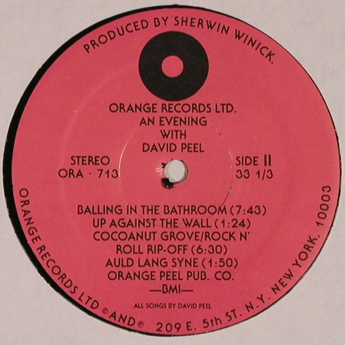 Peel,David: An Evening with, Orange Records (ORA-713), US, 1975 Typ: LP Best.-Nr.: V2780 Preis: 17,50 Euro