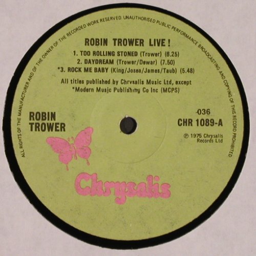 Trower,Robin: Live!, Chrysalis De-Luxe (35035), Israel, 1976 Typ: LP Best.-Nr.: V2884 Preis: 6,00 Euro