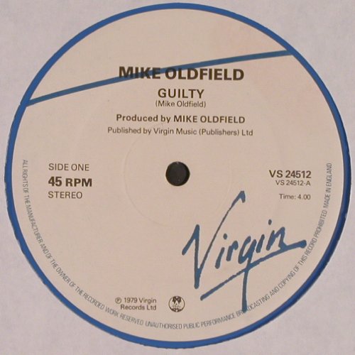 Oldfield,Mike: Guilty*2, 6:38 / 4:00,  blue vinyl, Virgin (VS 24512), UK, 1979 Typ: 12" Best.-Nr.: V3122 Preis: 12,50 Euro