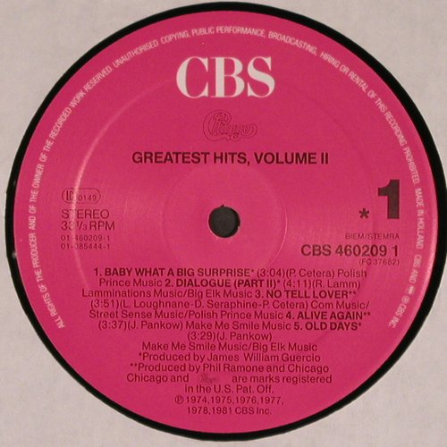 Chicago: Greatest Hits Vol.2, m /vg-, CBS (460209), NL, 1981 Typ: LP Best.-Nr.: V4081 Preis: 5,00 Euro