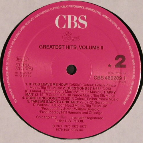 Chicago: Greatest Hits Vol.2, m /vg-, CBS (460209), NL, 1981 Typ: LP Best.-Nr.: V4081 Preis: 5,00 Euro