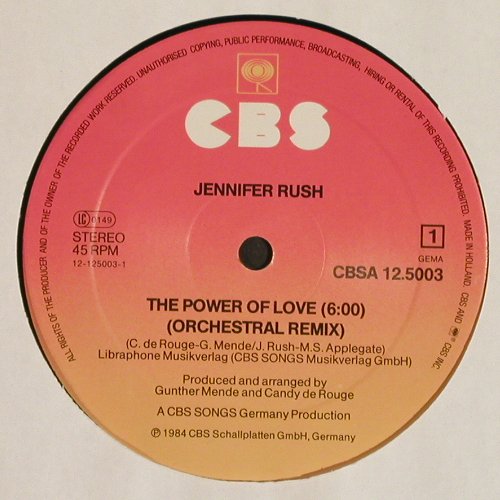 Rush,Jennifer: The Power Of Love+2 ,orchestral rmx, CBS (A 12.5003), NL, 1984 Typ: 12" Best.-Nr.: V4911 Preis: 3,00 Euro.