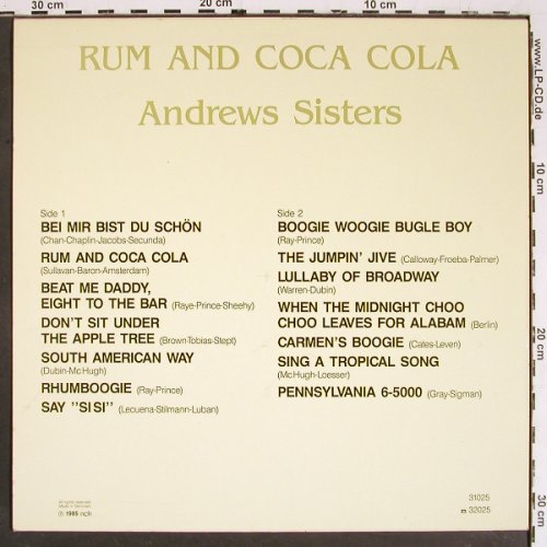 Andrews Sisters: Rum And Coca Cola, All Round Trading (AR 31025), DK, 1985 Typ: LP Best.-Nr.: V5484 Preis: 6,00 Euro