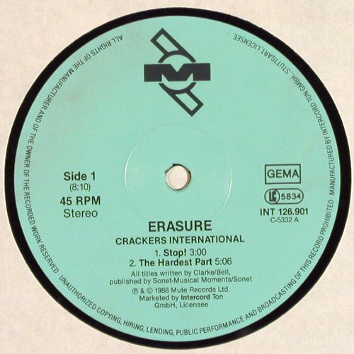 Erasure: Crackers International, 4 Tr., Mute (INT 126.901), D, 1988 Typ: 12" Best.-Nr.: V7066 Preis: 5,00 Euro.