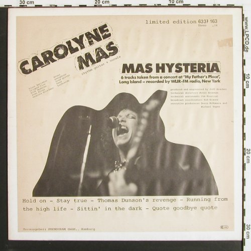 Mas,Carolyne: Mas Hysteria, Lim.Ed., pre Cover, Mercury (blue) (6337 163), D, 1979 Typ: LP Best.-Nr.: V7348 Preis: 5,00 Euro.