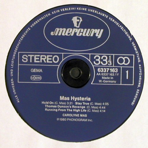 Mas,Carolyne: Mas Hysteria, Lim.Ed., pre Cover, Mercury (blue) (6337 163), D, 1979 Typ: LP Best.-Nr.: V7348 Preis: 5,00 Euro.