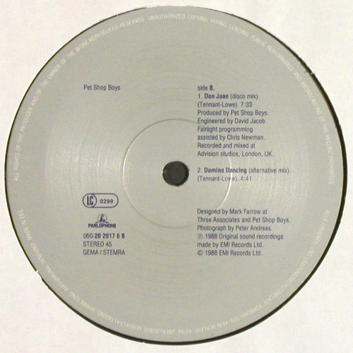 Pet Shop Boys: Domino Dancing*2&sol;Don Juan, EMI (20 2917 6), NL, 1988 Typ: 12" Best.-Nr.: V7518 Preis: 5,00 Euro.
