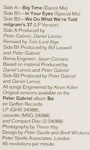 Gabriel,Peter: Big Time (dance mix 6:10) +2, stoc, Geffen (Q-20600), US, co, 1986 Typ: 12" Best.-Nr.: V7586 Preis: 4,00 Euro.